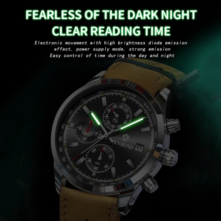 BINBOND B6022 30m Waterproof Luminous Multifunctional Quartz Watch, Leather-White Steel-Black, Leather-White Steel-Blue, Leather-White Steel-Green, Leather-White Steel-White, Leather-Black Steel-Black, White Steel-Black, White Steel-Blue               ...
