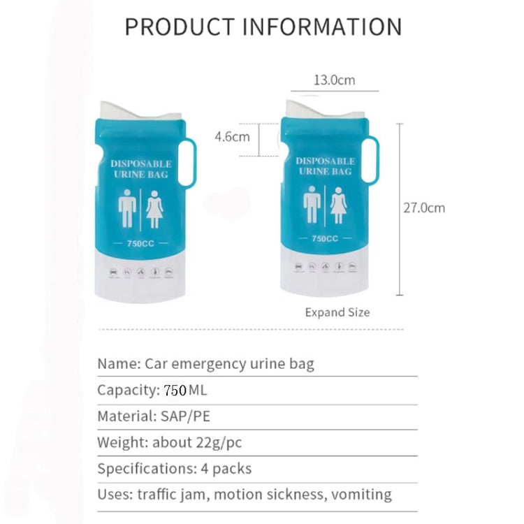 4pcs /Pack Car Disposable Emergency Rapid Coagulation Urine Bag Traffic Jam Pee Bag, 750ml
