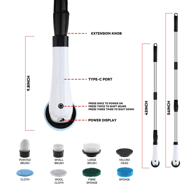 Cordless Electric Spin Scrubber Extension Handle with 7 Replacement Heads
