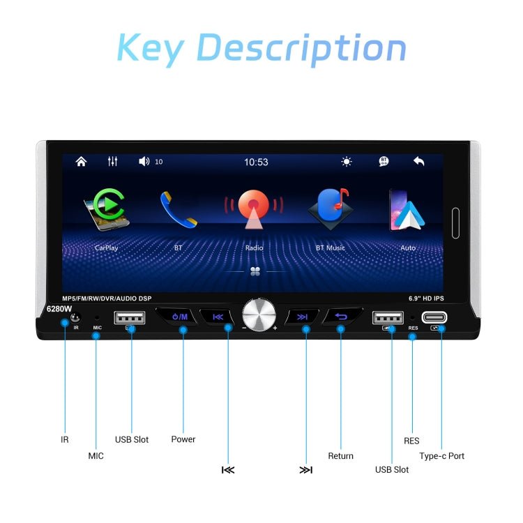 Single Spindle 6.9 inch MP5 With Knob Player Carplay Function Car MP4 Backup Camera, Standard, Standard+12 Light Camera, Standard+AHD Camera