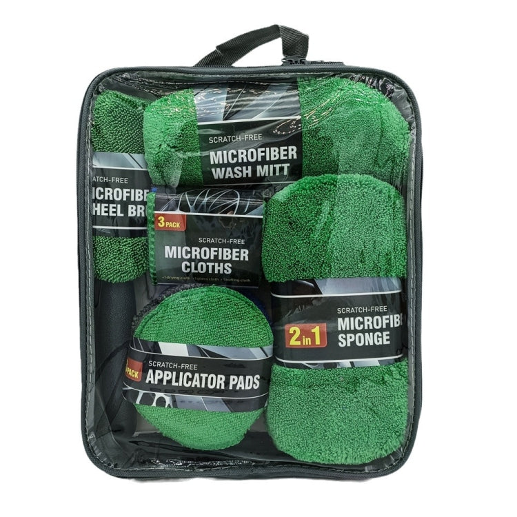 9pcs /Set Car Detailing Gloves Rags Waxing Cleaning Set, Green