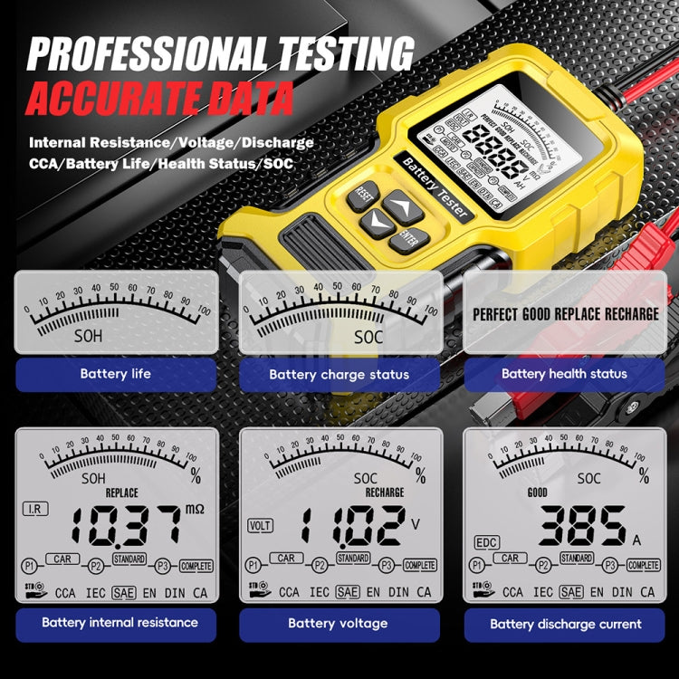 FOXSUR 12V/24V Automotive Lead-acid Battery Internal Resistance Rapid Analyzer, Yellow