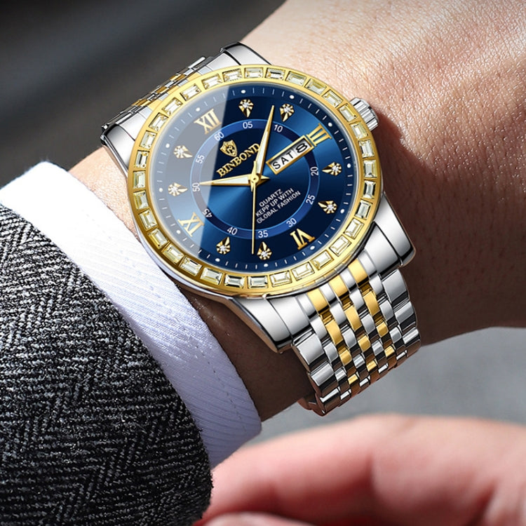 BINBOND B2202 Diamond Dual-calendar Luminous Quartz Watch, Inter-gold-Blue, Inter-gold-Green, Inter-gold-Black, Inter-gold-White, Full-gold-Gold, Full-gold-Black, White Steel-Blue, White Steel-Black, White Steel-White, Black Steel-Black-White Nail
