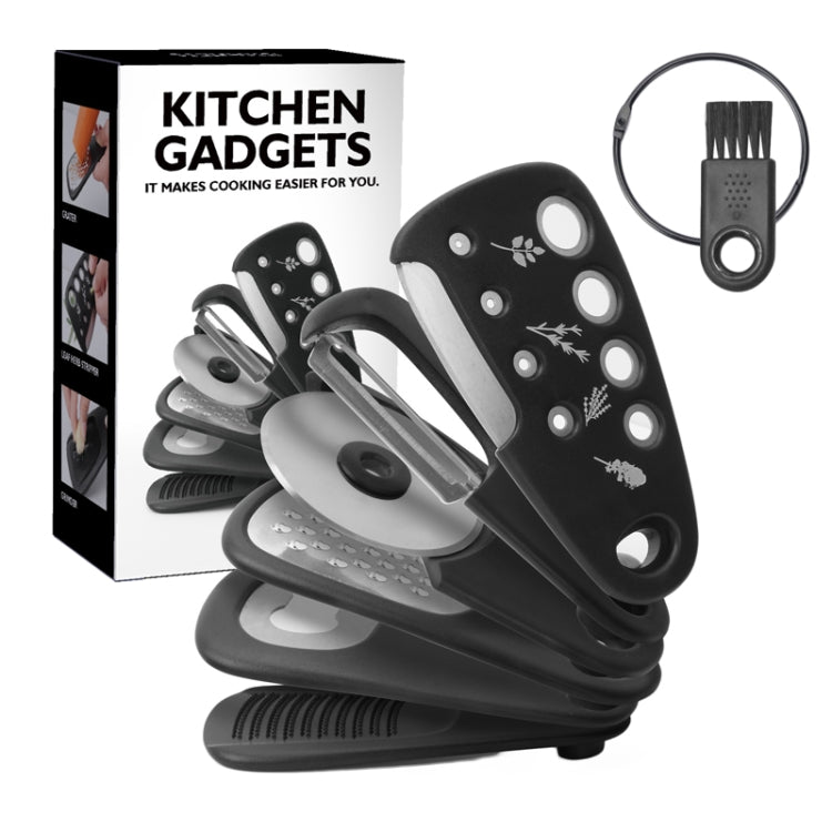 6 In 1 Stackable Kitchen Gadgets Melon Peeler Herb Chopper Garlic Grater Can Opener Pizza Cutter