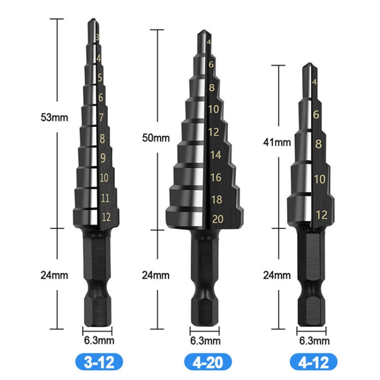 Hexagonal Shank Nitrided Straight Fluted Step Drill HSS Pagoda Drill Hole Opener, 3pcs / Set