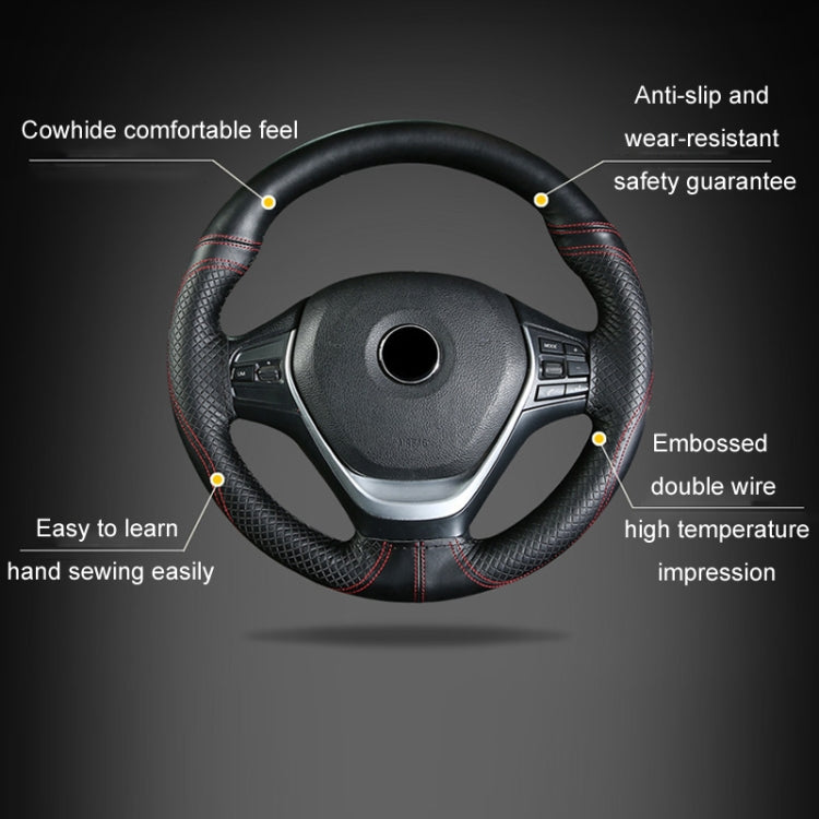 Cowhide Embossed Hand-Stitched Double-Line Steering Wheel Cover, 38cm