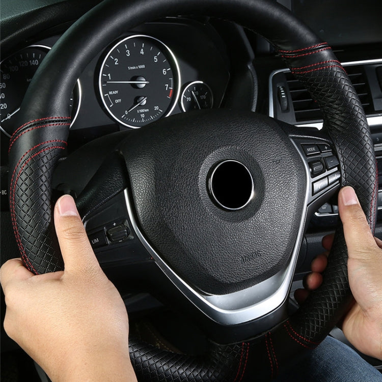 Cowhide Embossed Hand-Stitched Double-Line Steering Wheel Cover, 38cm