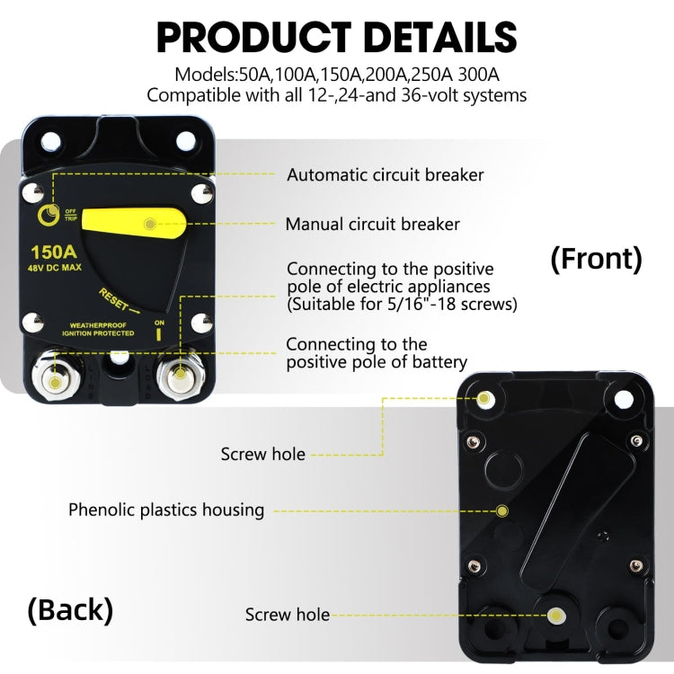 RV Yacht Manual Reset Ignition Protection Fuse Switch With Terminal Accessories, 50A, 100A, 150A, 200A, 250A, 300A