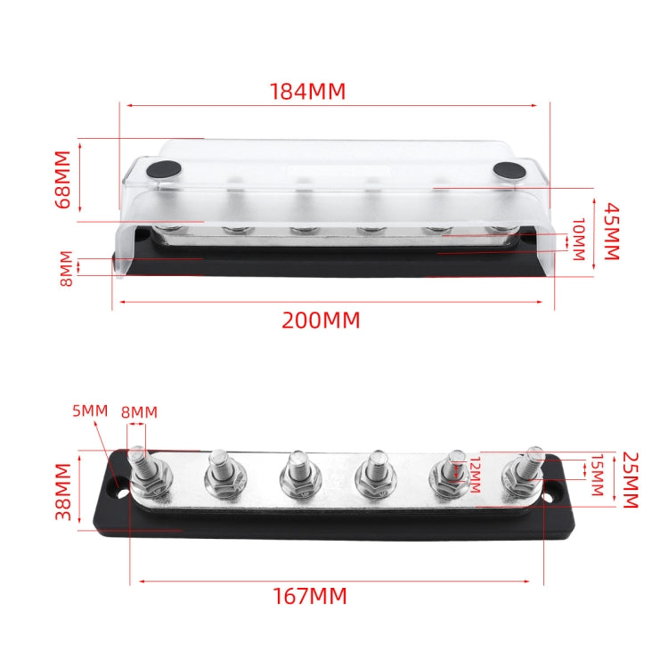 M8 Stud RV Yacht 6-way Nylon Flame Retardant Base DC Busbar, Black