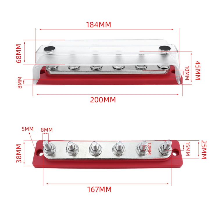 M8 Stud RV Yacht 6-way Nylon Flame Retardant Base DC Busbar, Red