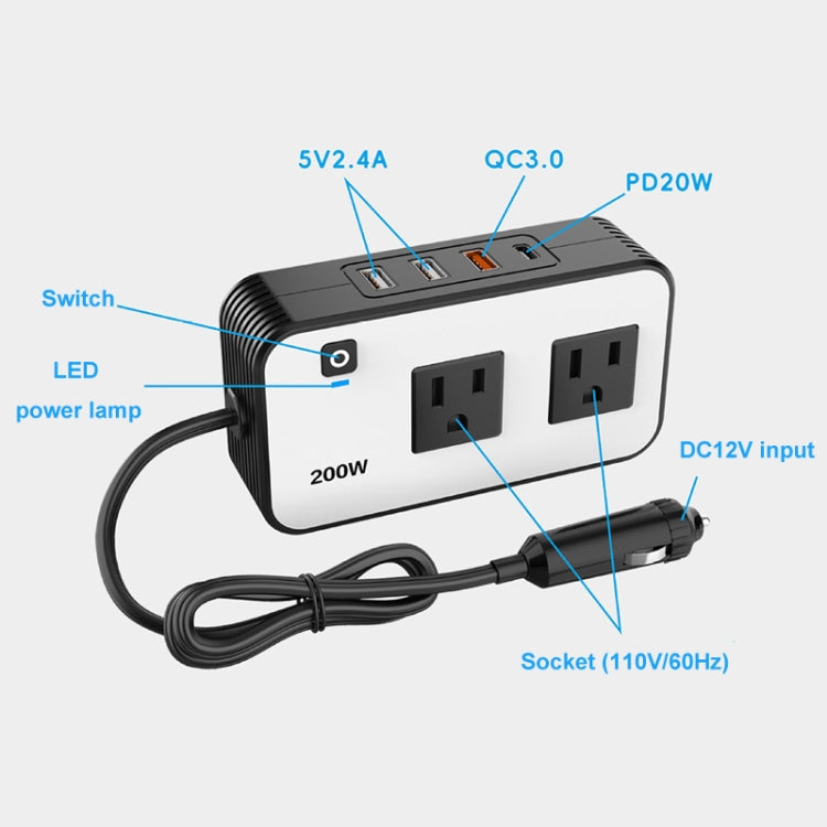 200W Car Inverter Vehicle Plug Power Converter, US Plug