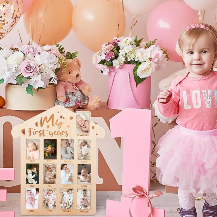 Wooden Newborn Baby Milestone Memorial Photo Frame Baby Stand Monthly Plaque Craft Ornament, 35 x 42cm