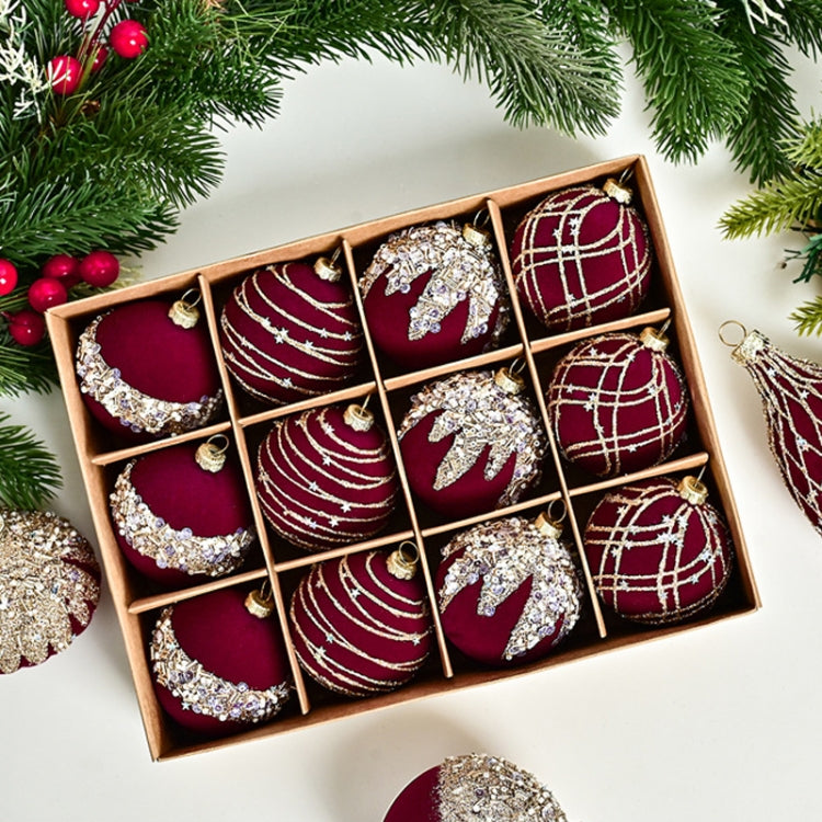 12pcs /Box 6cm Diamond Flocked Christmas Balls Painted Christmas Tree Ornaments