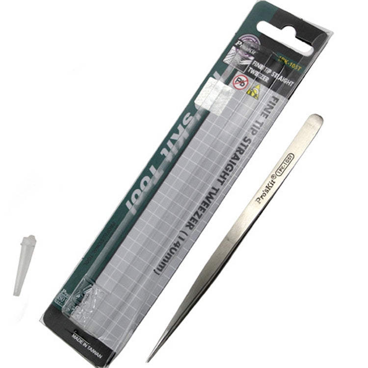 ProsKit 1PK-105T Stainless Steel Anti-magnetic Tweezer Precision Straight Pointed Pincette 140mm