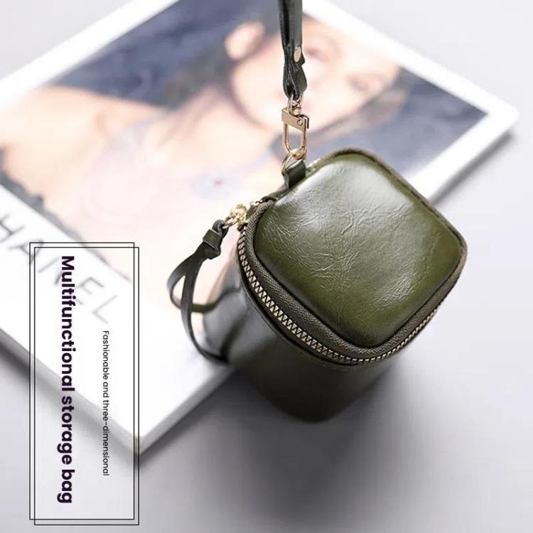 Oil Wax PU Leather Portable Bucket Bag Mini Retro Lipstick Earphone Bag Small Objects Storage Coin Purse