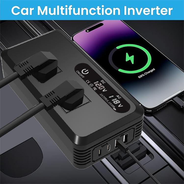 Gurxun Dual Digital Display Car Inverter With 2 USB+2 Type-C Ports, Universal Plug 220V, Universal Plug 110V, Brazil Plug 220V, Brazil Plug 110V, US Plug 110V
