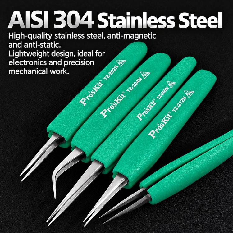 Anti-Static Non-Slip Soft Grip Stainless Steel Tweezers, ProsKit TZ-202N, ProsKit TZ-204N, ProsKit TZ-212N