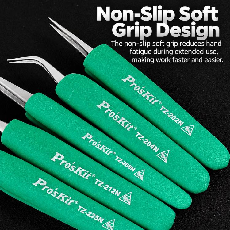 Anti-Static Non-Slip Soft Grip Stainless Steel Tweezers, ProsKit TZ-202N, ProsKit TZ-204N, ProsKit TZ-212N
