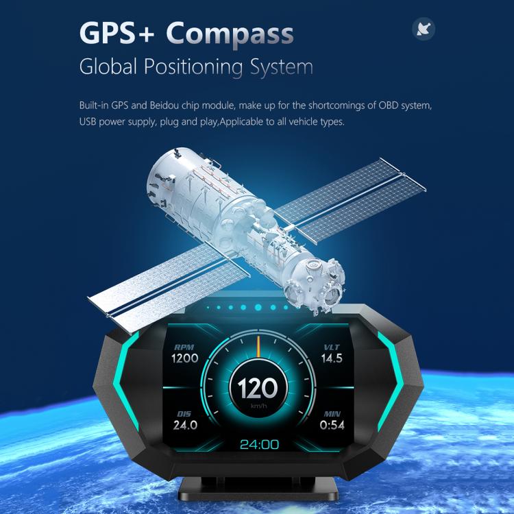 P24 Multifunctional Car HUD Head-up Display OBD+GPS Digital Speedometer Slope Meter, P24