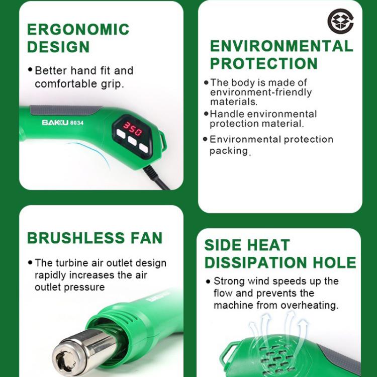 BAKU BA-8034 650W Hot Air Blower 100-500 Degrees Celsius Heat Tool With 3 Nozzles, 220V EU Plug, 110V US Plug