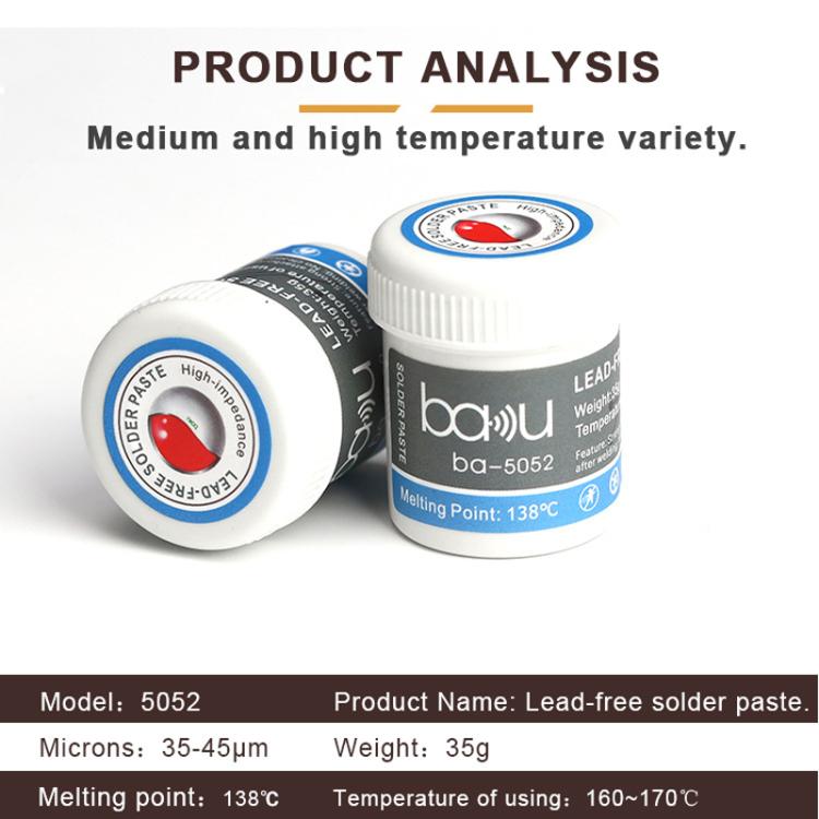 BAKU BA-5052 BGA Solder Paste for Mobile Phone Repair 35g Tin 35-45 Microns, 138 Celsius Melting Point, BA-5052