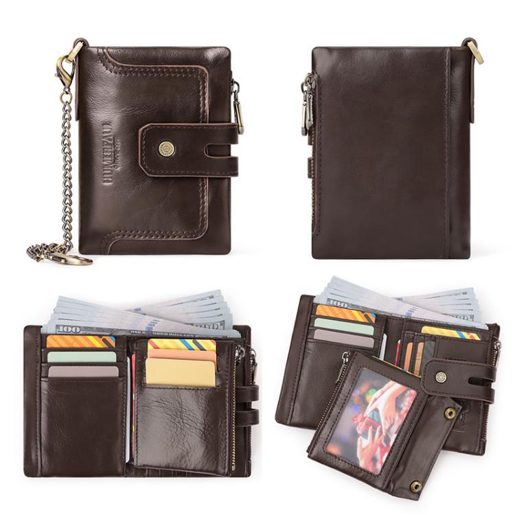 HUMERPAUL BP778 Short Leather Wallet RFID Tri-fold Double Zipper Coin Purse