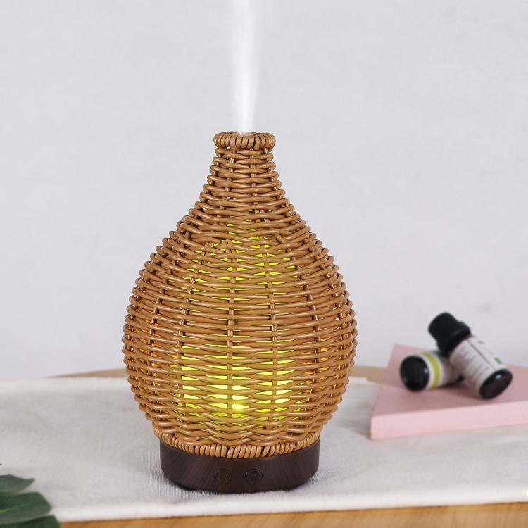 100ML Hollow Rattan Ultrasonic Humidifier & Aromatherapy Diffuser with 7-Color LED Lights, 5V USB, 24V EU Plug