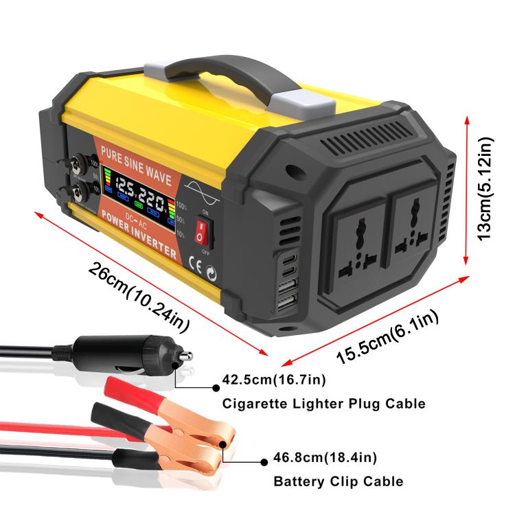 Gurxun Pure Sine Wave Inverter With Dual AC Outlets 2 USB + 2 Type-C Ports Car Power Converter, PQ500W EU Plug, PQ500W Brazil Plug 12V To 220V, PQ500W Universal Socket 12V To 220V, PQ800W EU Plug, PQ800W Brazil Plug 12V To 220V                         ...