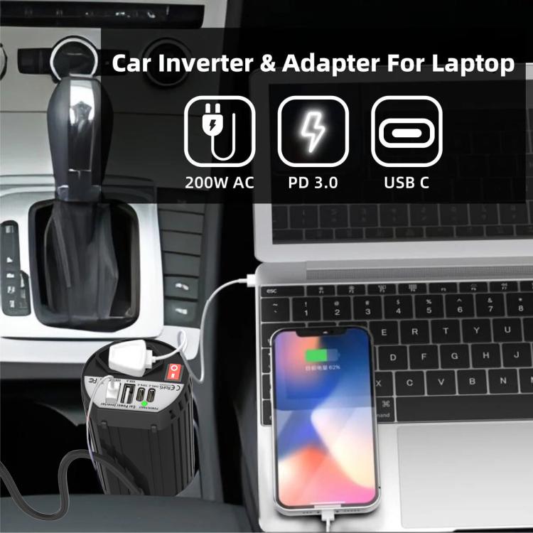Gurxun 200W Modified Wave Intelligent Car Inverter Dual USB + Dual Type-C Port Car Power Converter, Brazil Plug 12V To 110V, Brazil Plug 12V To 220V, Universal Socket 12V To 110V, Universal Socket 12V To 220V
