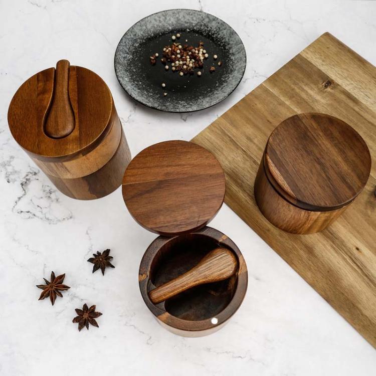 Wooden Salt Jar Storage Box Seasoning Jar With Lid And Spoon, 1 Layer Single Grid, 1 Layer Double Grid, Double Layer