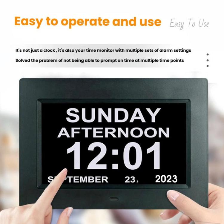 7-inch Digital Frame Calendar Day Clock With 3 Medication Alerts, 5 Custom Alarms, Multi-Language Support, US Plug White, US Plug Black, EU Plug White, EU Plug Black, AU Plug White, AU Plug Black, UK Plug White, UK Plug Black