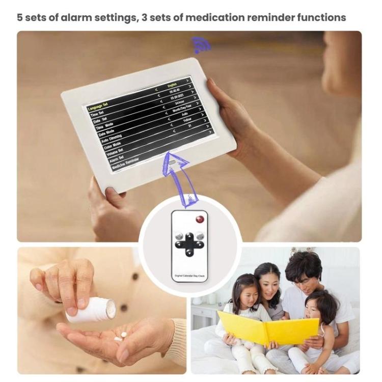 7-inch Digital Frame Calendar Day Clock With 3 Medication Alerts, 5 Custom Alarms, Multi-Language Support, US Plug White, US Plug Black, EU Plug White, EU Plug Black, AU Plug White, AU Plug Black, UK Plug White, UK Plug Black