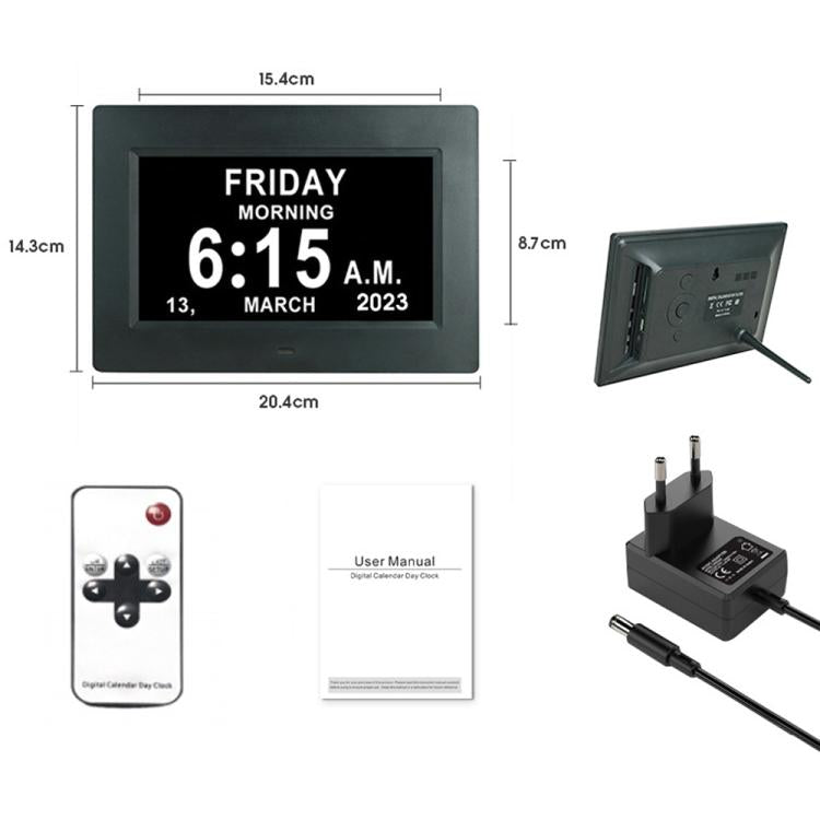 7-inch Digital Frame Calendar Day Clock With 3 Medication Alerts, 5 Custom Alarms, Multi-Language Support, US Plug White, US Plug Black, EU Plug White, EU Plug Black, AU Plug White, AU Plug Black, UK Plug White, UK Plug Black