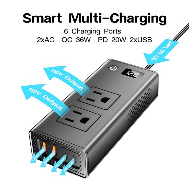 DC12V 200W Fast Charging QC3.0 PD Car Cigarette Lighter Portable Inverter, 110V US Plug, 220V Universal