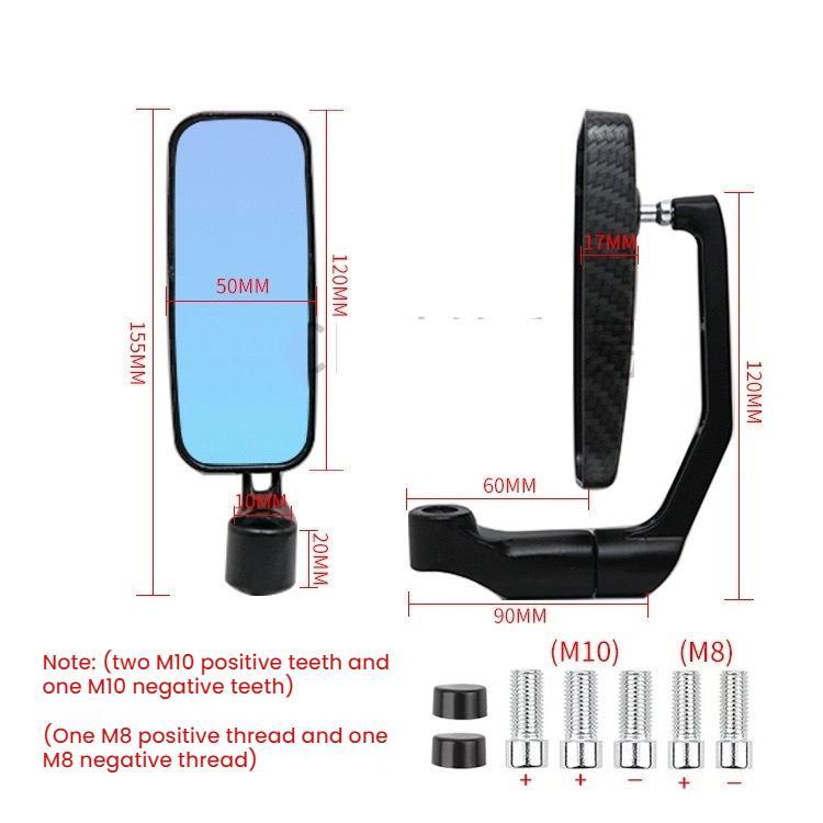 Electric Bike Modified Aluminum Alloy Blue Glass Square Curved Rod Rearview Mirror, Carbon Fiber Texture (Snakeskin), Black, Silver Electroplated