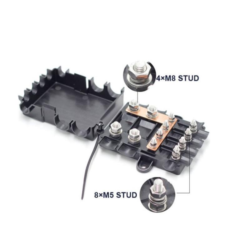 6-Way Automotive Fuse Block Box, 2-500A 32V DC, with 2 Input and 4 Output Terminals, Black, With 6 Fuses