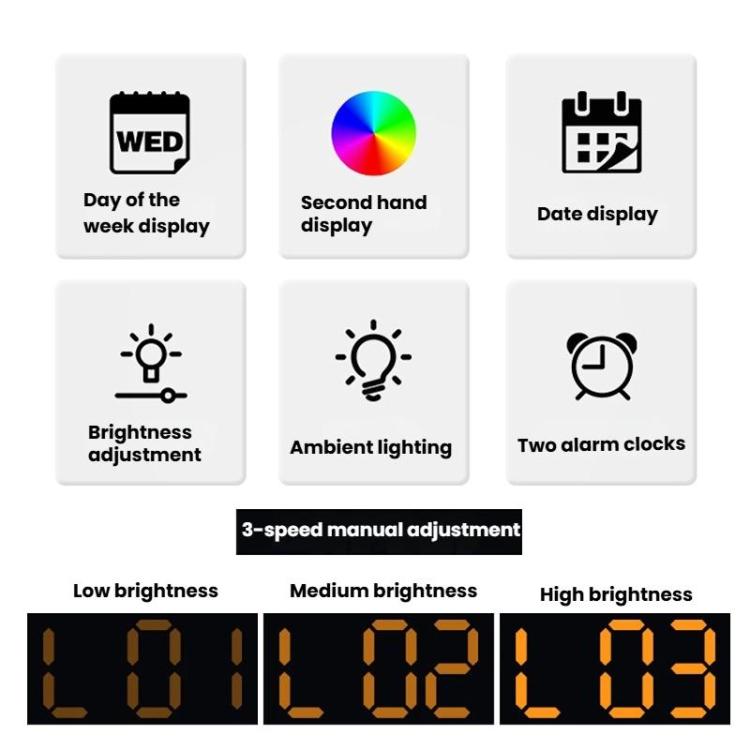 LED Multifunction Electronic Alarm Clock Running Seconds Clock Bedside with Night Light Electronic Clock, White Shell White Light, White Shell Blue Light, White Shell Green Light, White Shell Orange Light, White Shell Red Light, Black Shell White Light...
