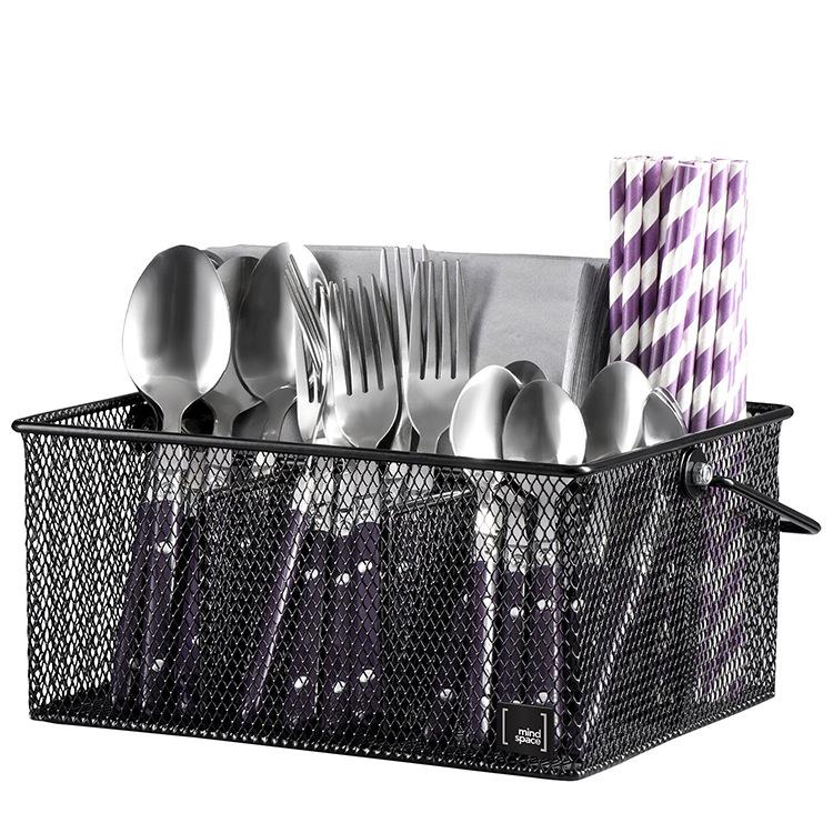 Handled Iron Cutlery Organizer Basket Divided Utensil Storage & Drying Rack for Kitchen and Dining Cleaning Tools