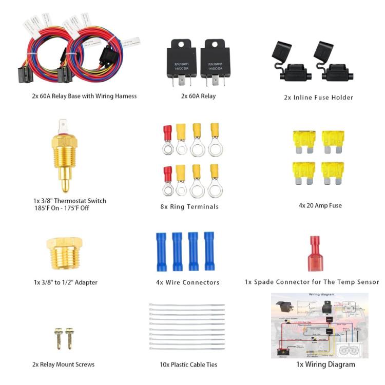 60A Dual Electric Radiator Fan Relay Kit With 185-Degree ON/175-Degree OFF Thermostat