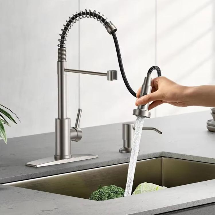 Single Function Kitchen Spring Faucet With Base Plate Hot and Cold Water Swivel Sink Pull Out Faucet