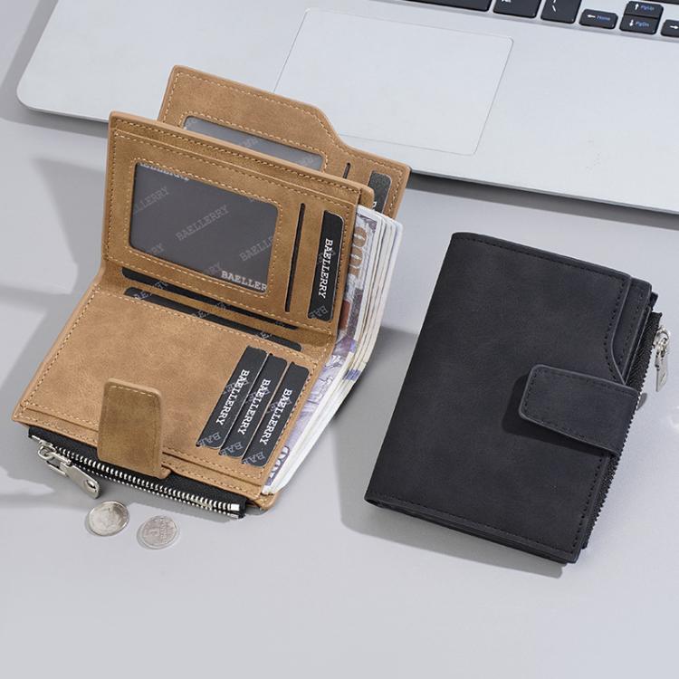 Baellerry D3086 Men Compact Trifold Wallet With Zipper Slim Vertical Minimalist Design