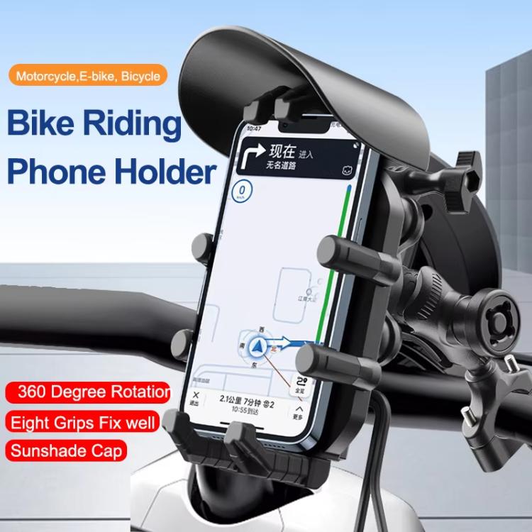 Motorcycle Phone Holder with Sun Visor & Anti-Theft Lock 360-degree Rotation, Camera Compatible, Handlebar Mount, Mirror Stem Mount
