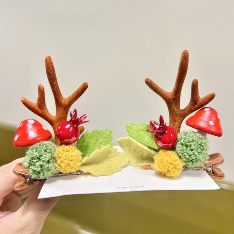 1pair Christmas Hair Clip  Antler Hair Accessory, Mushroom Brown, Mushroom Red, Powder Coating Antler Gold, Red Green Ball, Hat