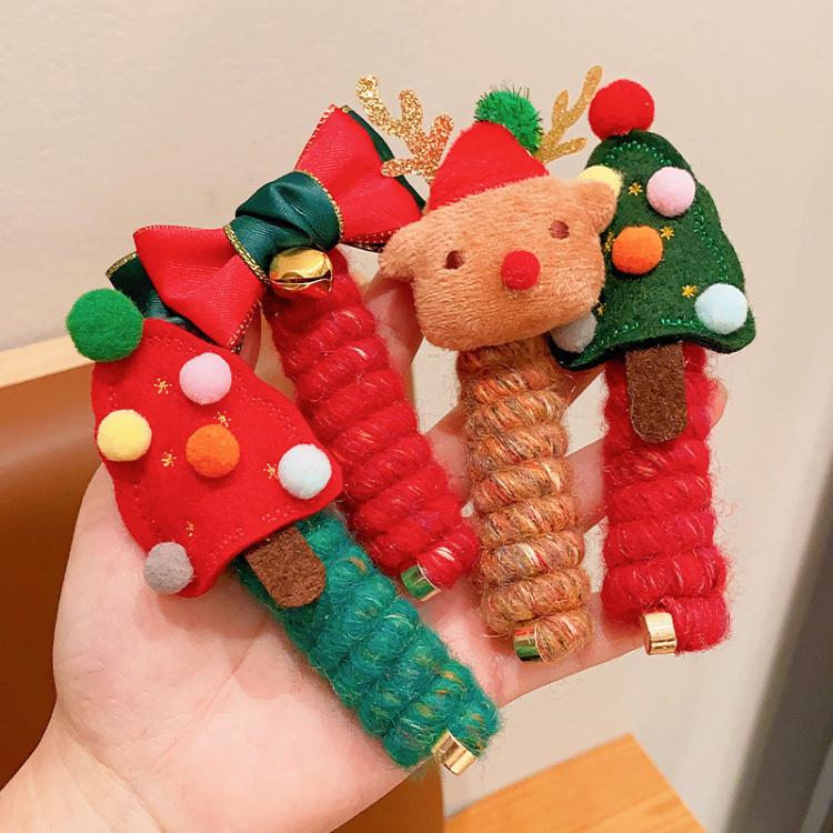 Christmas Hair Bows for Girls Coiled Telephone Wire Hair Ties Elastic Holiday Hair Accessories for Kids Toddler, Bells, Green Christmas Tree, Reindeer, Red Christmas Tree