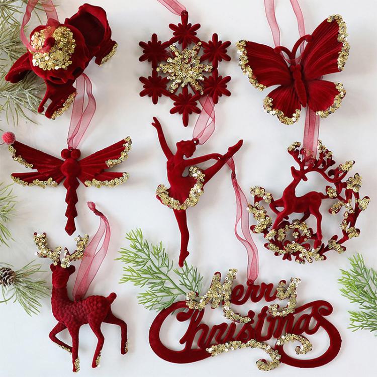 Christmas Tree Decorative Ornaments Flocked Wreath Reindeer Hanging Ornaments, Snowflakes, Sunflower Garland, Wreath-horned Elk, Turning-Deer, English Letters, Stars