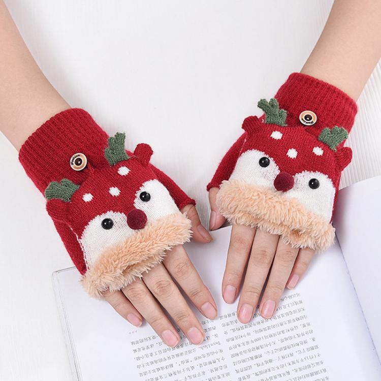 Winter Kids Reindeer Flip-Top Gloves Christmas Thermal Fleece-Lined Student Gloves
