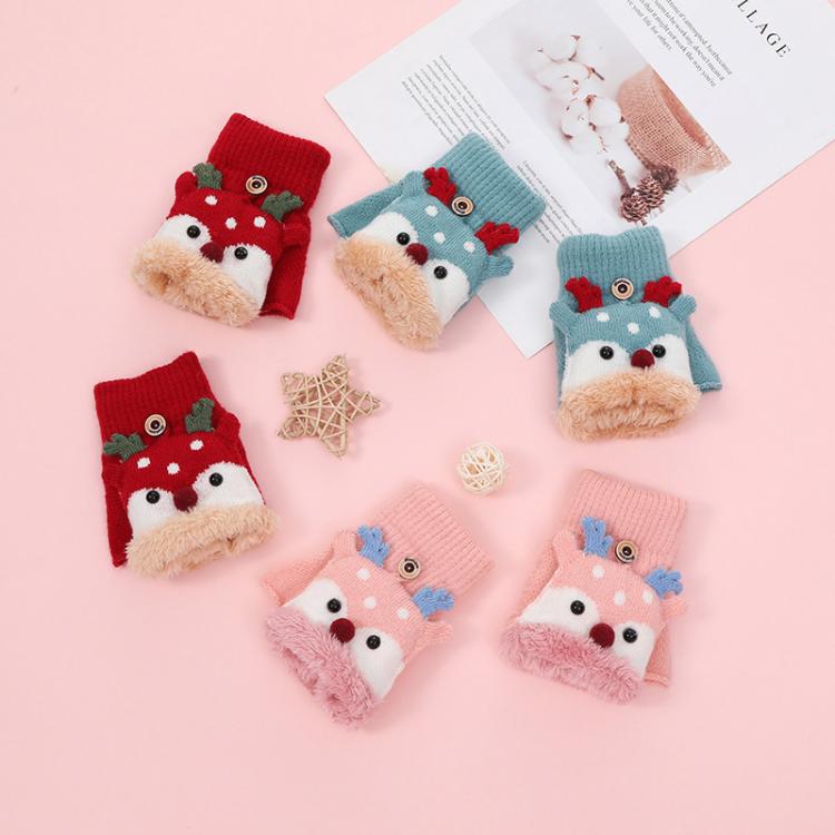 Winter Kids Reindeer Flip-Top Gloves Christmas Thermal Fleece-Lined Student Gloves