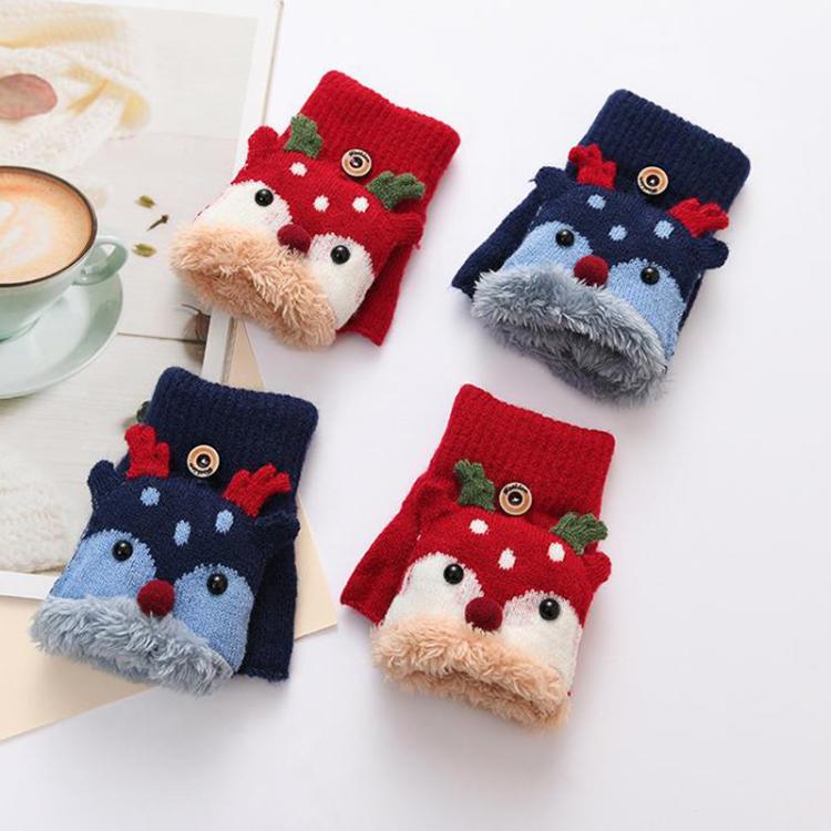 Winter Kids Reindeer Flip-Top Gloves Christmas Thermal Fleece-Lined Student Gloves