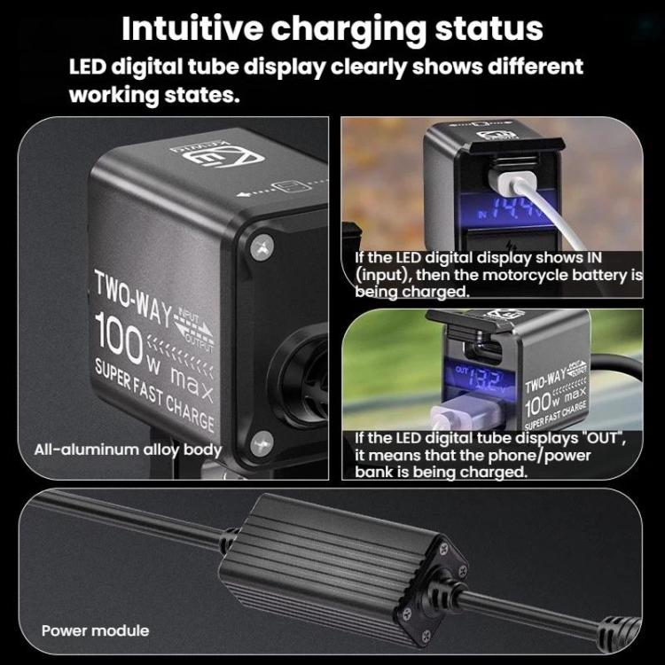 100W Motorcycle Dual-Way Phone Charger Smart Vehicle Charger With Digital Display, B13