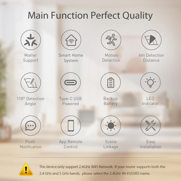 Matter Thread USB-C Power PIR Motion Sensor Smart Home System Compatible With Tuya App Remote Control, PIR Motion Sensor